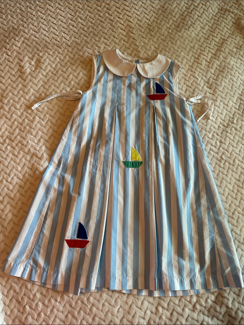 Classic Blue & White Striped Kids Dress with Sailboat Appliqués